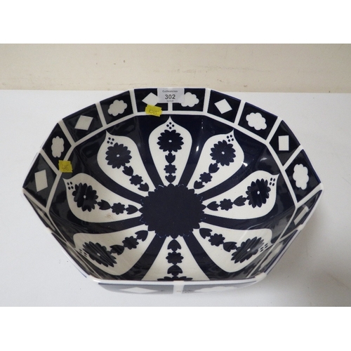 302 - AN UNMARKED BLUE/WHITE OCTAGONAL BOWL IN A CROWN DERBY IMARI STYLE