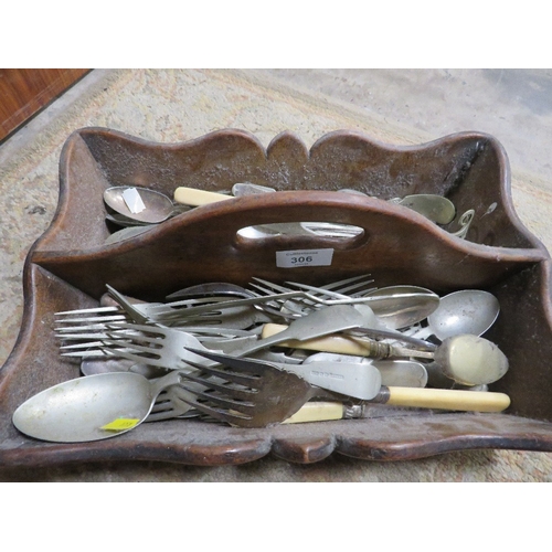 306 - A TREEN HANDLED CUTLERY TRAY AND CONTENTS