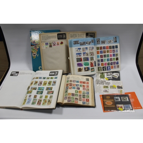 445 - FIVE STAMP ALBUMS AND FOUR PRESENTATION PACKS, OLD ALBUM TO INCLUDE 9 PENNY RED VICTORIAN STAMPS