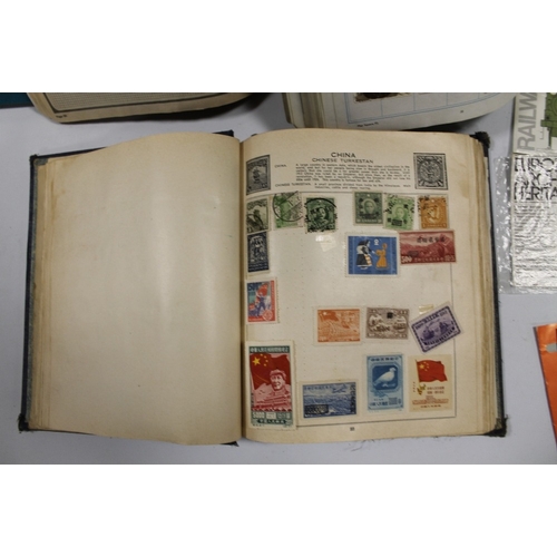 445 - FIVE STAMP ALBUMS AND FOUR PRESENTATION PACKS, OLD ALBUM TO INCLUDE 9 PENNY RED VICTORIAN STAMPS