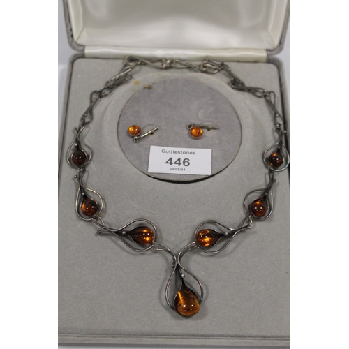 446 - A SHIPTON & CO VINTAGE SILVER AND TEAR DROP AMBER NECKLACE AND EARRING SET IN ORIGINAL BOX