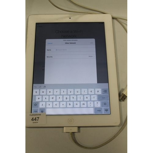 447 - A 16GB WHITE APPLE iPAD WITH CHARGING CABLE - NOT CHECKED