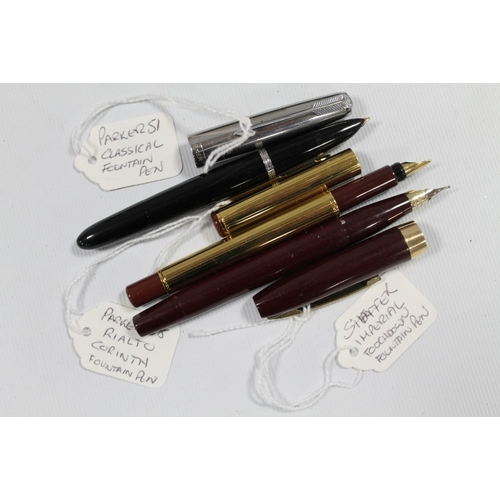 448 - THREE FOUNTAIN PENS - A SHAEFFER IMPERIAL TOUCHDOWN, PARKER 88 RIALTO CORINTH & PARKER 51 CLASSICAL