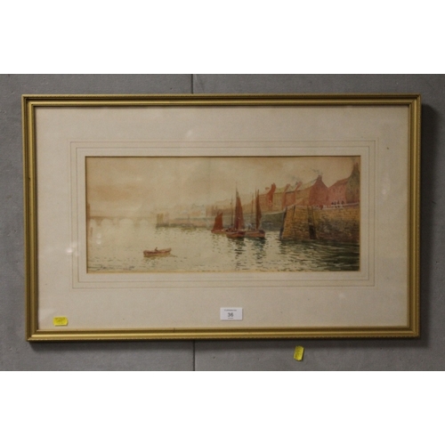 36 - J.W. WILLIAMSON WATER COLOUR TOWN HARBOUR SCENE WITH BOATS AND FIGURES