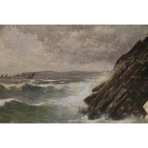 39 - A COLLECTION OF FIVE ASSORTED  PICTURES TO INCLUDE A STORMY COASTAL WATERCOLOUR (5)