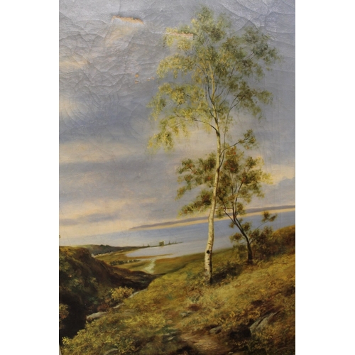 43 - AN OIL ON CANVAS DEPICTING A COASTAL VIEW, WITH A BAMBOO FRAMED MIRROR AND A BOX OF ASSORTED PICTURE... 