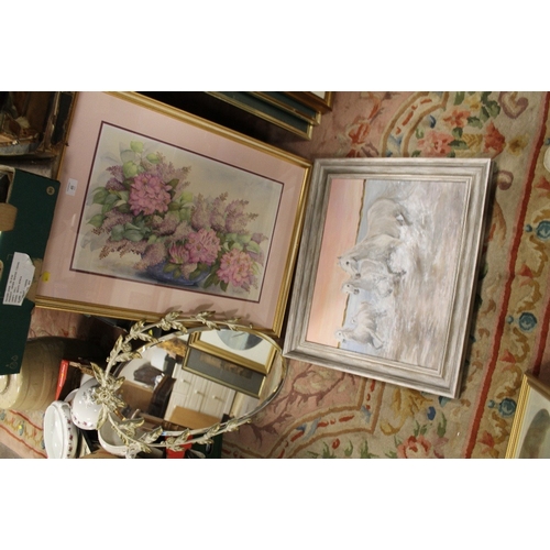 46 - A LARGE FRAMED FLORAL WATERCOLOUR TOGETHER WITH A MIRROR, OIL ON BOARD OF HORSES ETC (4)