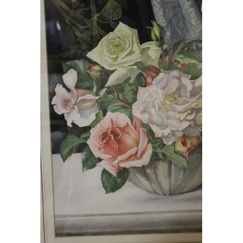 46 - A LARGE FRAMED FLORAL WATERCOLOUR TOGETHER WITH A MIRROR, OIL ON BOARD OF HORSES ETC (4)