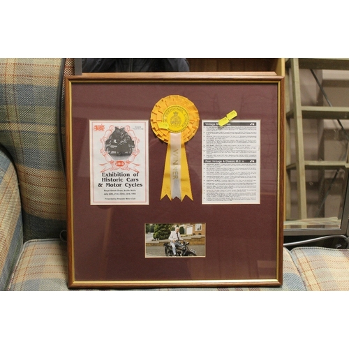 51 - A LARGE FRAMED ANTIQUE INDENTURE TOGETHER WITH A FRAMED VINTAGE MOTORCYCLE DISPLAY (2)