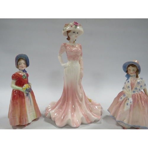 352 - TWO SMALL ROYAL DOULTON FIGURES TOGETHER WITH A COALPORT FIGURE