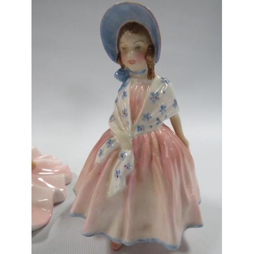 352 - TWO SMALL ROYAL DOULTON FIGURES TOGETHER WITH A COALPORT FIGURE