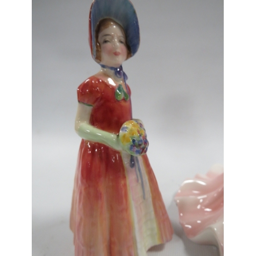 352 - TWO SMALL ROYAL DOULTON FIGURES TOGETHER WITH A COALPORT FIGURE