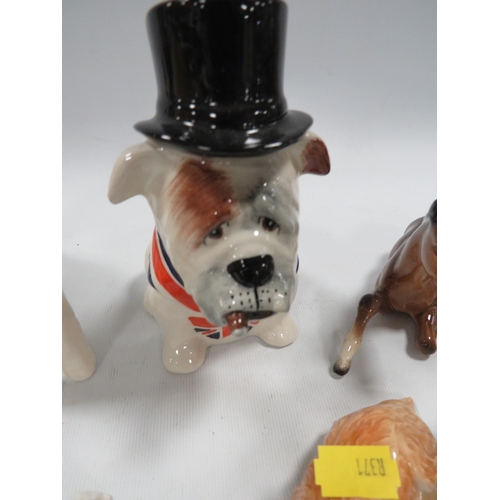 356 - A COLLECTION OF ASSORTED FIGURES TO INCLUDE A MANOR COLLECTABLE'S FIGURE OF AN ENGLISH BULLDOG, BESW... 