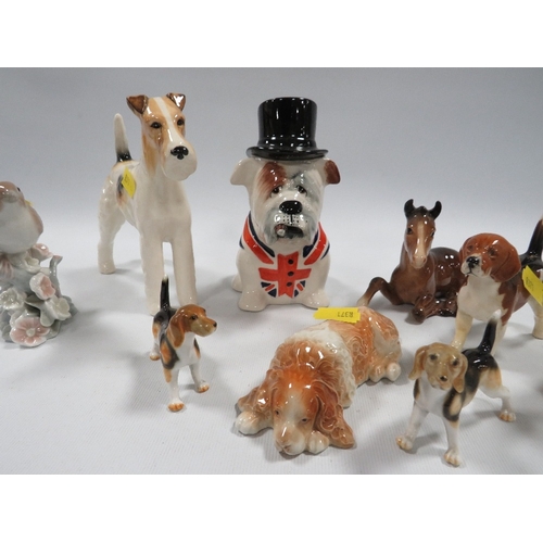 356 - A COLLECTION OF ASSORTED FIGURES TO INCLUDE A MANOR COLLECTABLE'S FIGURE OF AN ENGLISH BULLDOG, BESW... 