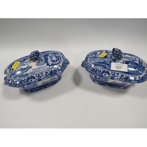 357 - A PAIR OF SMALL COPELANDS SPODE ITALIAN BLUE/WHITE LIDDED TUREENS