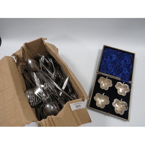 365 - A BOX OF DESIGNER VINERS CUTLERY TOGETHER WITH A BOXED SET OF FOUR NOVELTY CLOVER SHAPED SALTS WITH ... 