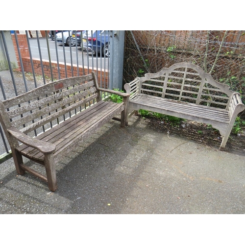 604 - TWO HARDWOOD GARDEN BENCHES, ONE IN THE LUTYENS STYLE A/F