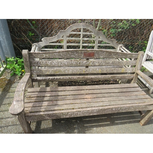 604 - TWO HARDWOOD GARDEN BENCHES, ONE IN THE LUTYENS STYLE A/F