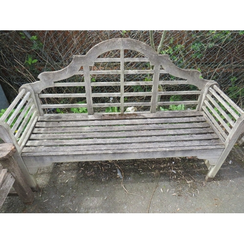 604 - TWO HARDWOOD GARDEN BENCHES, ONE IN THE LUTYENS STYLE A/F