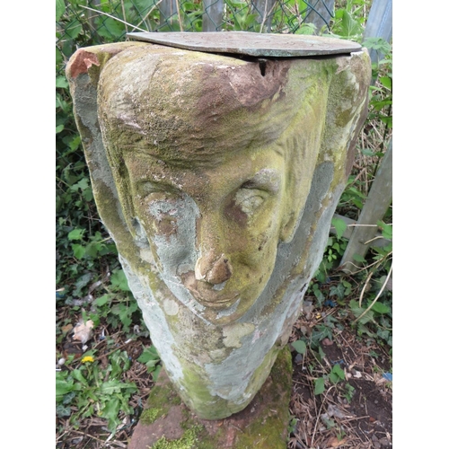 609 - ONE SANDSTONE SUNDIAL, COLUMN DEPICTING A MANS FACE