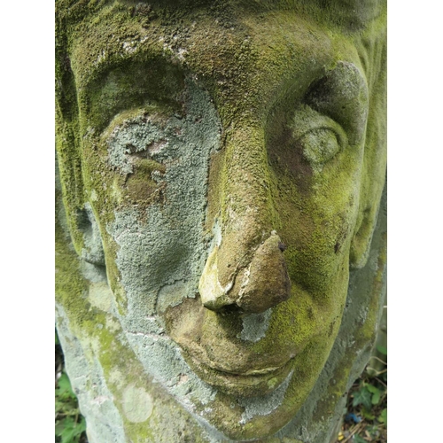 609 - ONE SANDSTONE SUNDIAL, COLUMN DEPICTING A MANS FACE