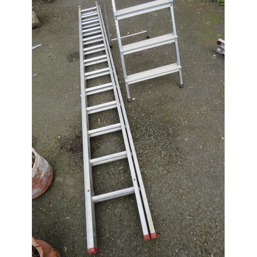 613 - TWO ALUMINIUM LADDERS COMPRISING A PAIR OF EXTENDING LADDERS AND A PAIR OF STEP LADDERS