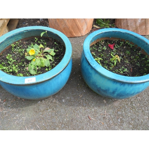 617 - A PAIR OF EXTRA LARGE BLUE CERAMIC GARDEN PLANTERS