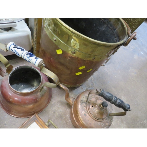 629 - A SELECTION OF WEIGHING SCALES AND COPPER & BRASS ITEMS TO INCLUDE A PARAFFIN BLOW TORCHES ETC