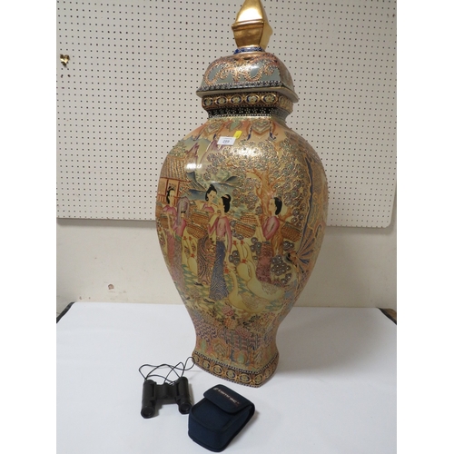 289 - A LARGE DECORATIVE ORIENTAL VASE TOGETHER WITH A PAIR OF BINOCULARS