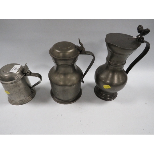 481 - THREE LIDDED PEWTER TANKARDS