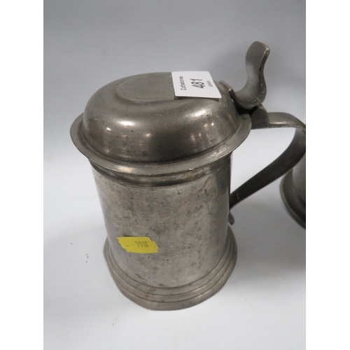 481 - THREE LIDDED PEWTER TANKARDS