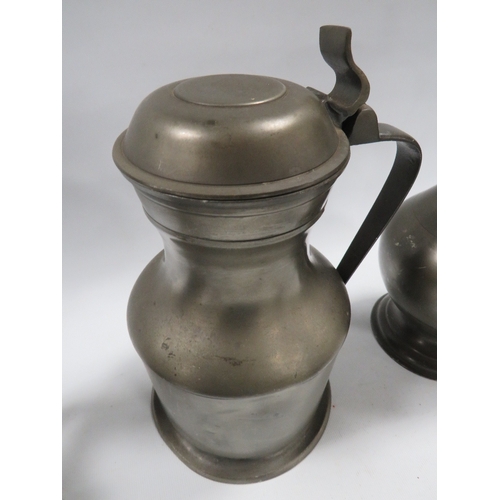 481 - THREE LIDDED PEWTER TANKARDS