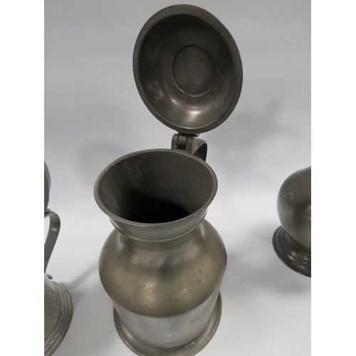 481 - THREE LIDDED PEWTER TANKARDS