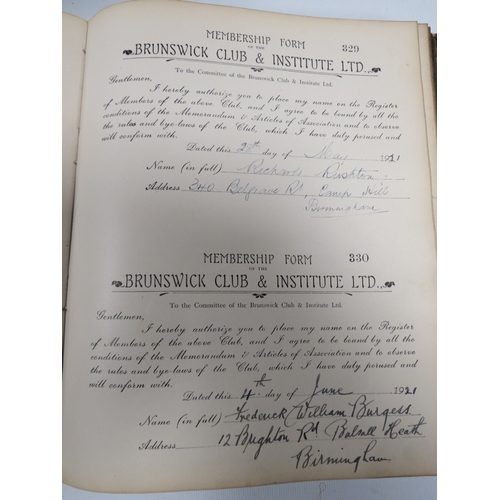 486 - A VINTAGE BOOK CONTAINING MEMBERSHIP FORMS FOR THE BRUNSWICK CLUB & INSTITUTE LTD