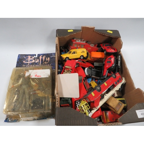 489 - A COLLECTION OF ASSORTED CARS AND DIE CAST VEHICLES AND A BUFFY THE VAMPIRE FIGURINE