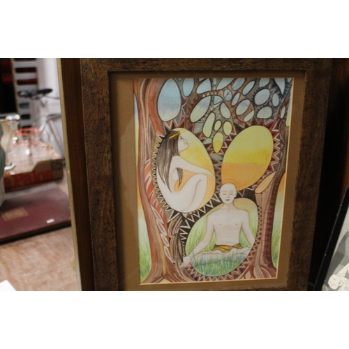 16 - A FRAMED PICASSO PRINT WITH TWO SIMILAR ABSTRACT WATERCOLOURS (3)