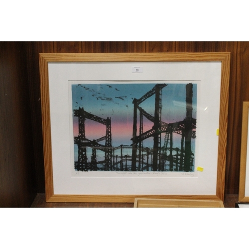 19 - J. RONAY - 'TWILIGHT OVER THE GASOMETERS, KINGS CROSS' FRAMED LITHOGRAPH, 37 X 48 CM