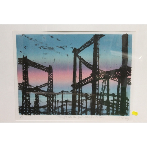 19 - J. RONAY - 'TWILIGHT OVER THE GASOMETERS, KINGS CROSS' FRAMED LITHOGRAPH, 37 X 48 CM