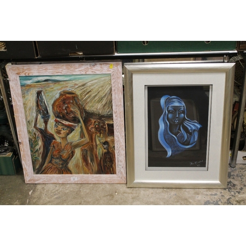 22 - AN ABSTRACT OIL ON BOARD DEPICTING TRIBAL FIGURES TOGETHER WITH A BLUE LADY PASTEL PICTURE SIGNED 'T... 