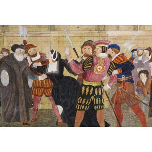 23 - A 19TH CENTURY NAIVE OIL ON CANVAS DEPICTING SOLDIERS AND ONLOOKERS OUTSIDE THE TOWER OF LONDON, 35 ... 