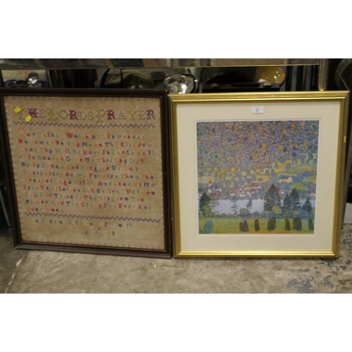 26 - A LARGE FRAMED TAPESTRY / SAMPLER DATED 1930 AND A GUSTAV KLIMT PRINT (2)