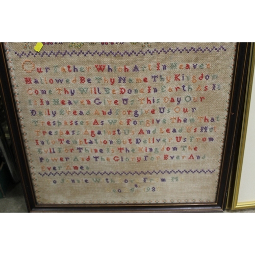 26 - A LARGE FRAMED TAPESTRY / SAMPLER DATED 1930 AND A GUSTAV KLIMT PRINT (2)