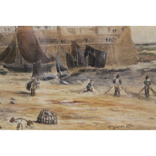 31 - T. DAVIES (XIX). A BEACH SCENE WITH FIGURES, WATERCOLOUR, SIGNED AND DATED 1881, 29.5 X 41.5 CM