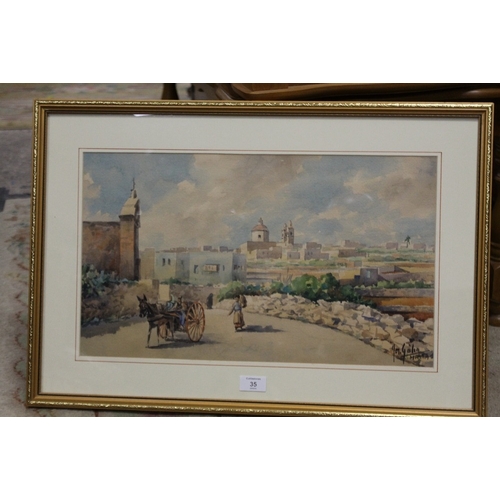 35 - GALIA (XX) A MALTESE LANDSCAPE WITH FIGURES, WATERCOLOUR, SIGNED, 30 X 50.5 CM