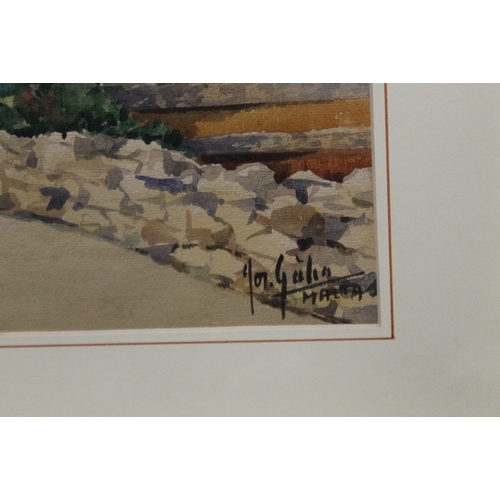 35 - GALIA (XX) A MALTESE LANDSCAPE WITH FIGURES, WATERCOLOUR, SIGNED, 30 X 50.5 CM