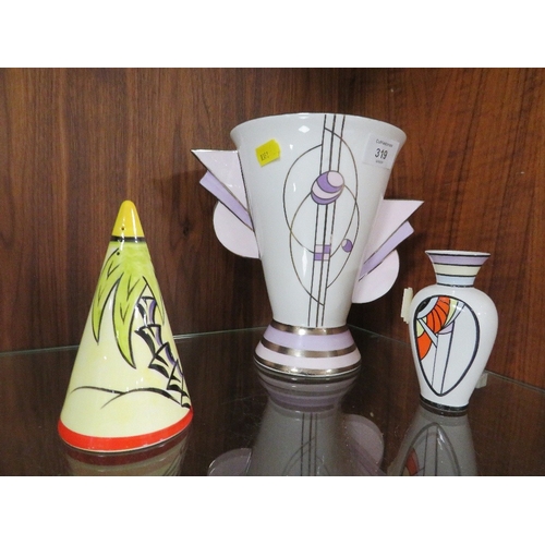 319 - TWO BRIAN WOOD ART DECO VASES TOGETHER WITH A CONICAL SUGAR SHAKER