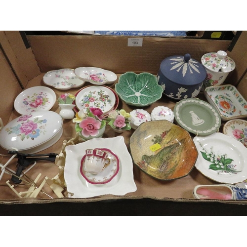 103 - FOUR TRAYS OF CERAMICS AND SUNDRIES TO INCLUDE WEDGWOOD, COALPORT ETC