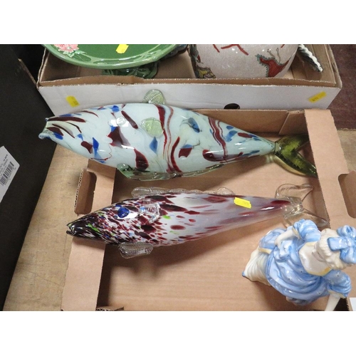 109 - TWO END OF DAYS GLASS FISH AND ONE DOULTON CHRISTINE FIGURE