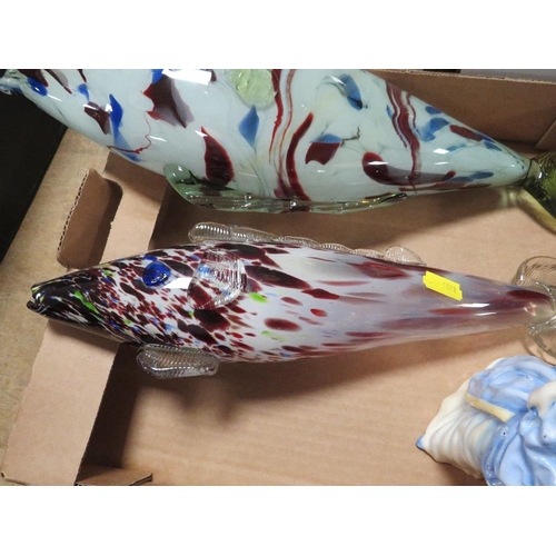 109 - TWO END OF DAYS GLASS FISH AND ONE DOULTON CHRISTINE FIGURE