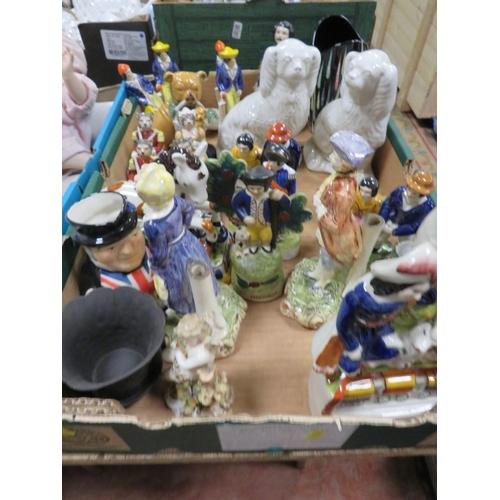 117 - A TRAY OF MODERN REPRODUCTION STAFFORDSHIRE FLATBACK STYLE FIGURES TO INCLUDE CAT SOLDIER PEN STANDS